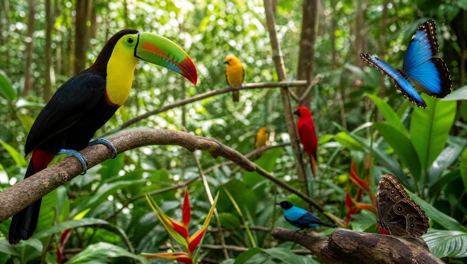 Aves y mariposas tropicales en las exhibiciones de Gamboa