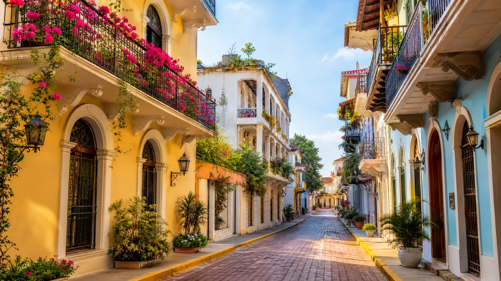 Calles adoquinadas y balcones con buganvillas